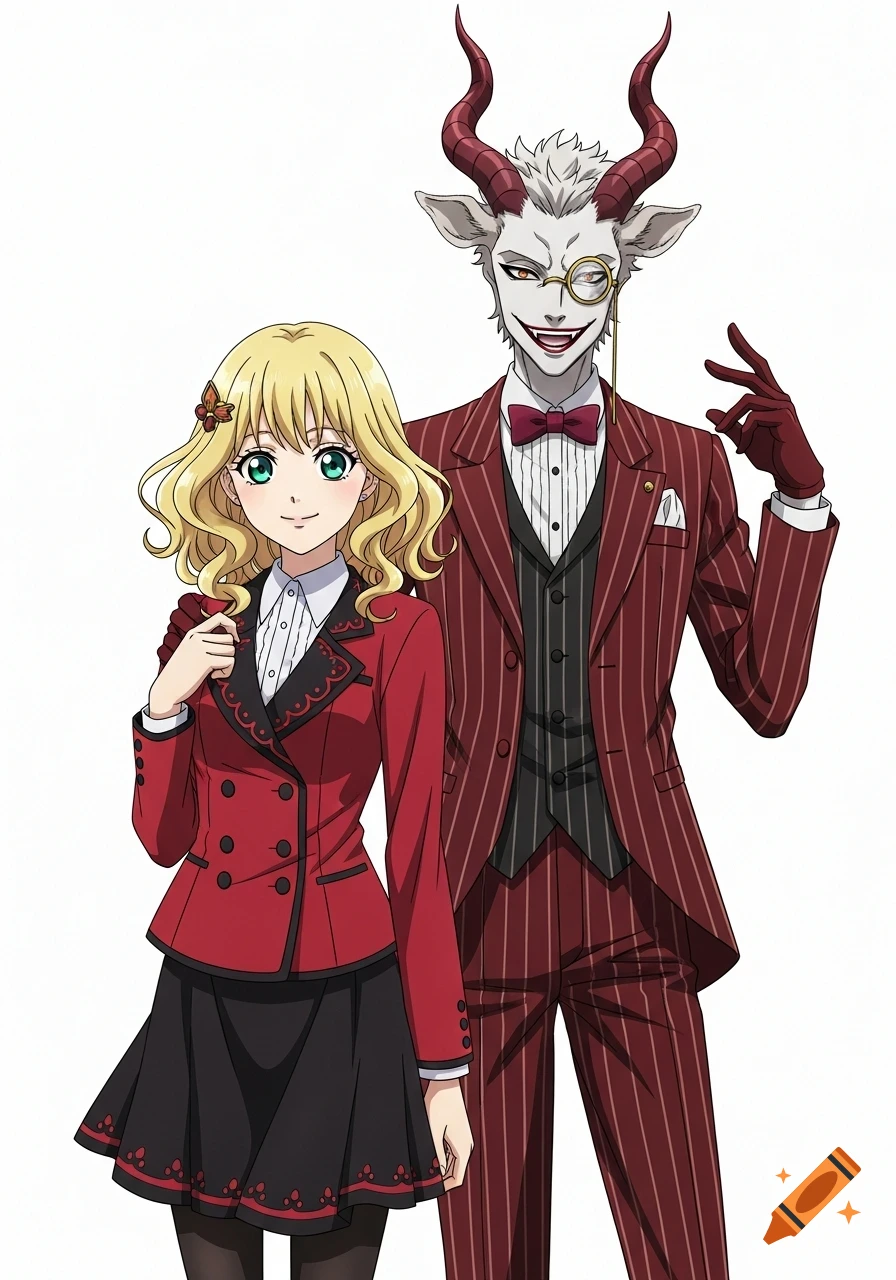 Anime illustration of a blonde girl in a red uniform and a smiling goat-headed man in a pinstripe suit.
