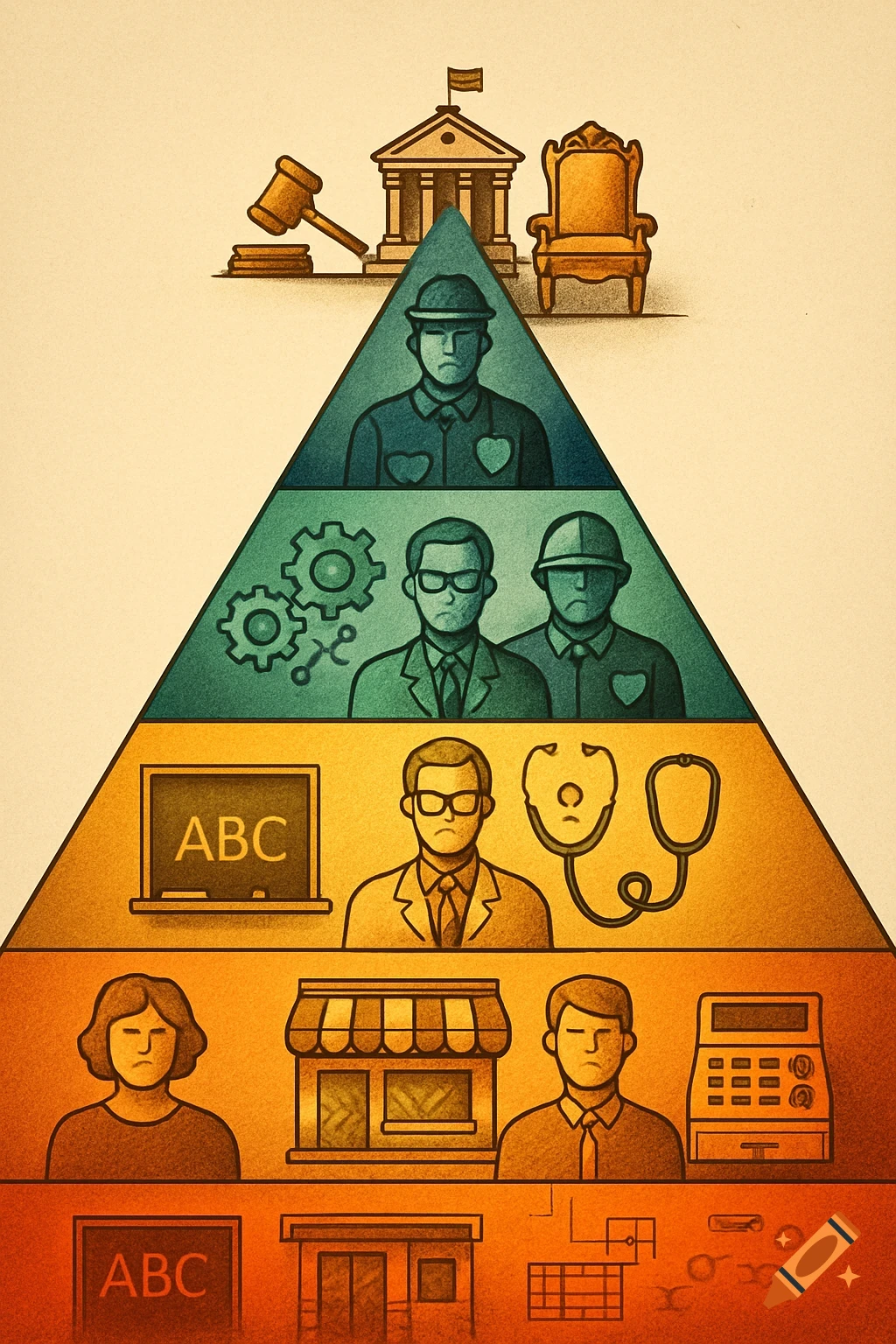 A stylized hierarchical pyramid illustration depicting various professions, from basic jobs at the bottom to government figures at the top.