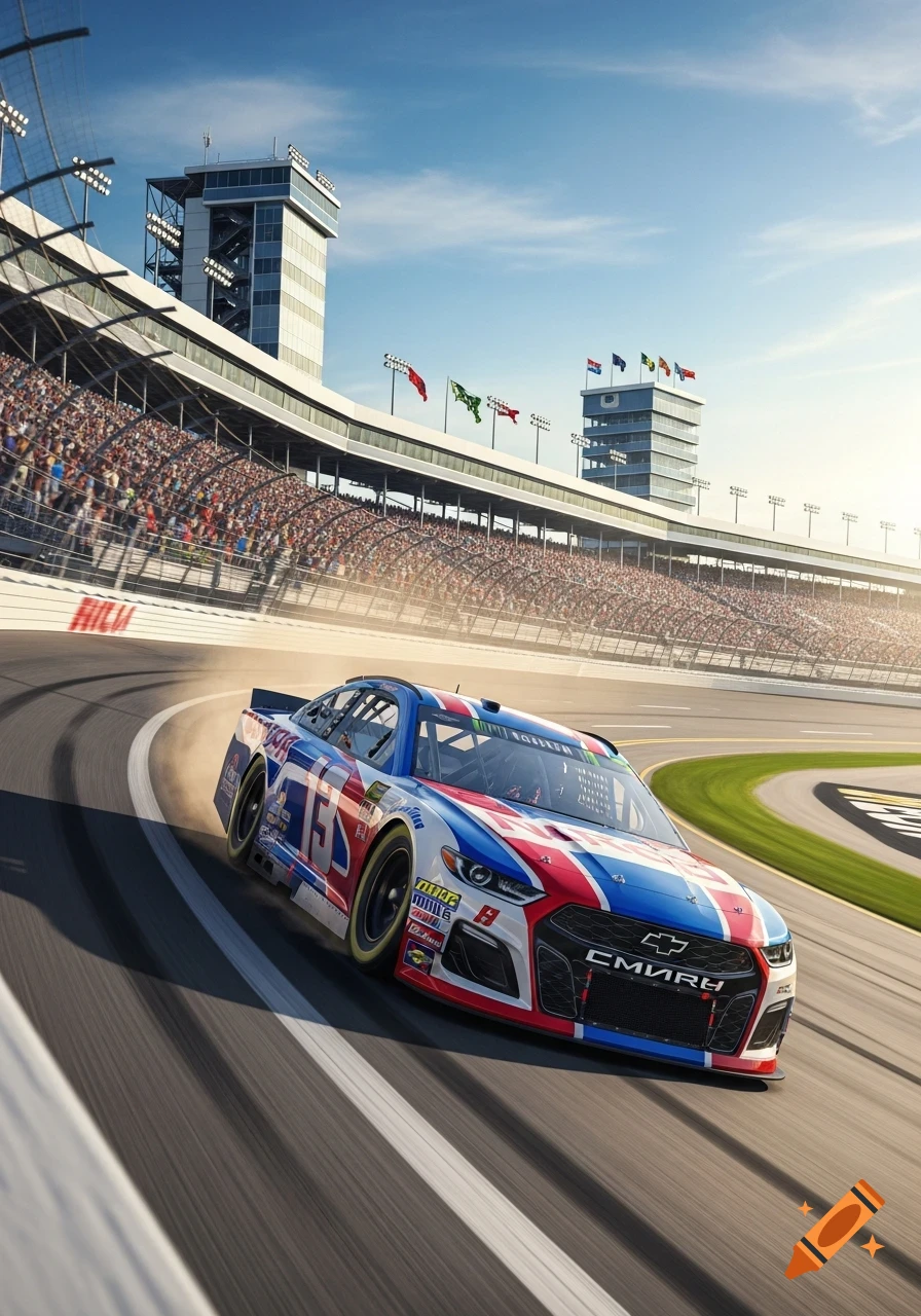 A photorealistic image of a red, white, and blue NASCAR racecar speeding around a track under a sunny blue sky, with grandstands full of spectators in the background.