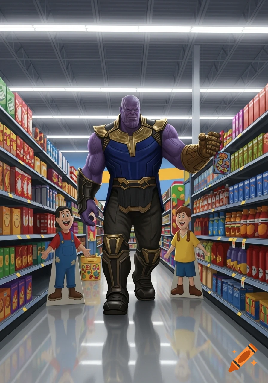 Thanos in full armor holds a colorful box while walking down a brightly lit supermarket aisle, flanked by two smiling child cutouts in a digital art style.