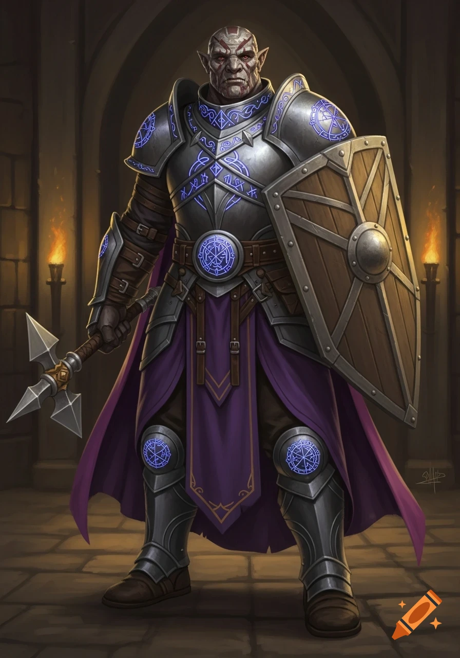 A full-body portrait of a gray-skinned fantasy warrior in glowing runic armor, holding a shield and a morningstar in a dungeon.