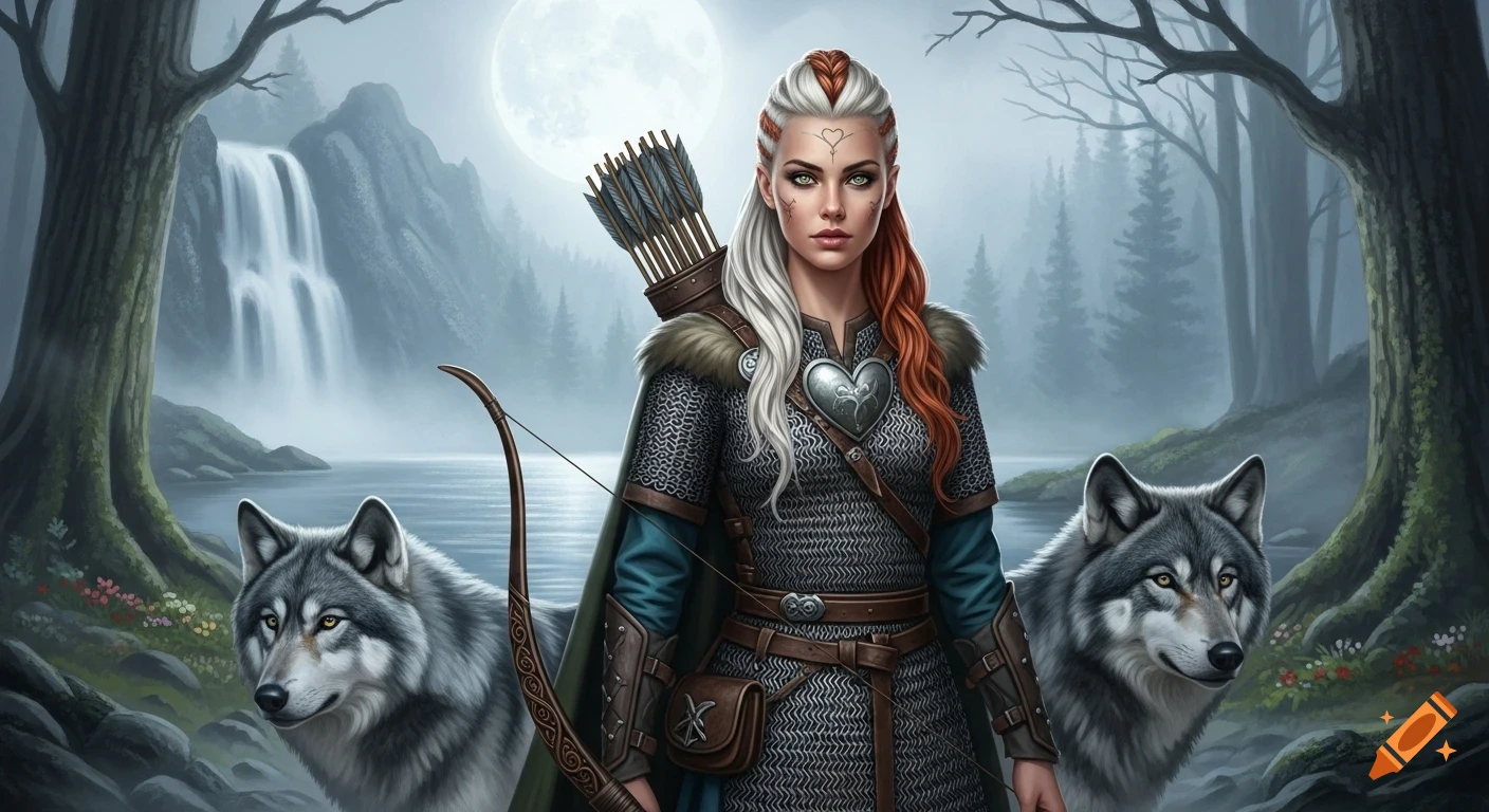 A fantasy woman in Viking chainmail, with two wolves, stands by a lake and waterfall in a mystical forest under a full moon.