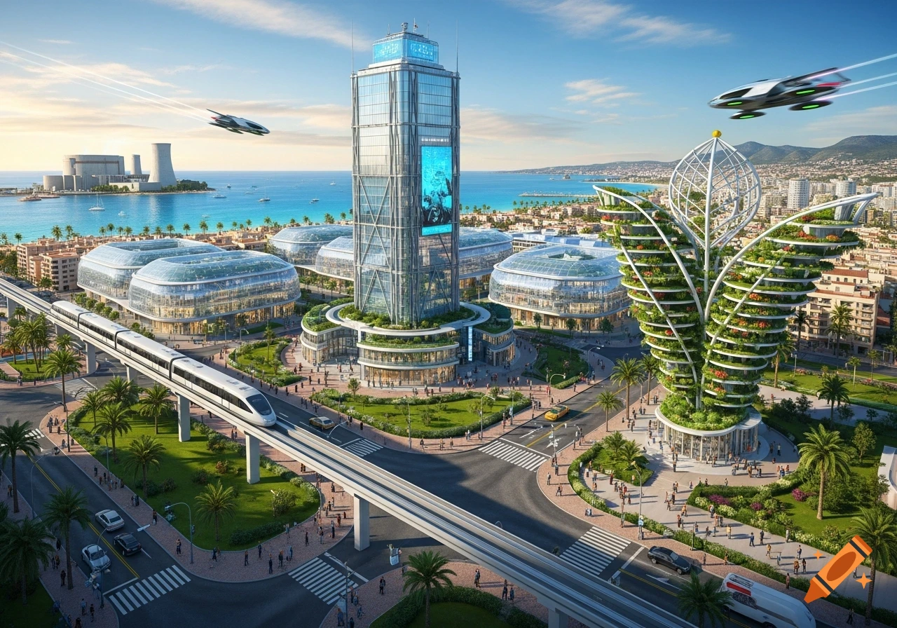 An aerial view of a vibrant, futuristic city by the sea, featuring glass skyscrapers, a monorail, flying vehicles, and a plant-shaped building, with a nuclear plant in the distance.