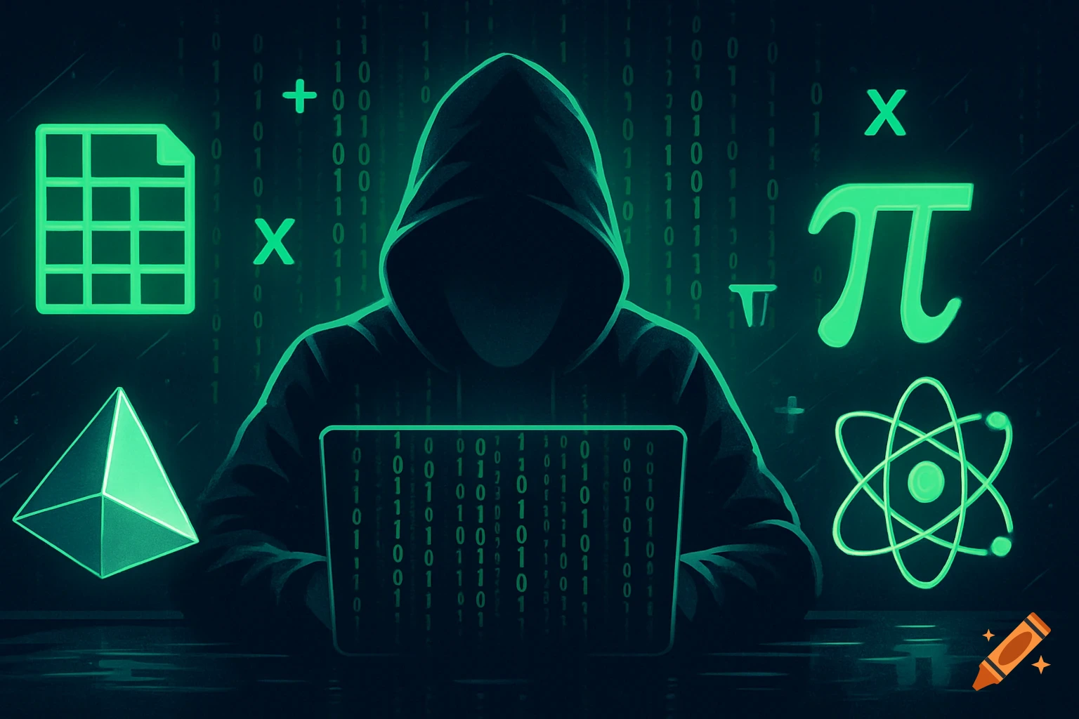 A stylized image of a hooded figure working on a laptop surrounded by glowing binary code, a spreadsheet icon, pi symbol, and an atom symbol.