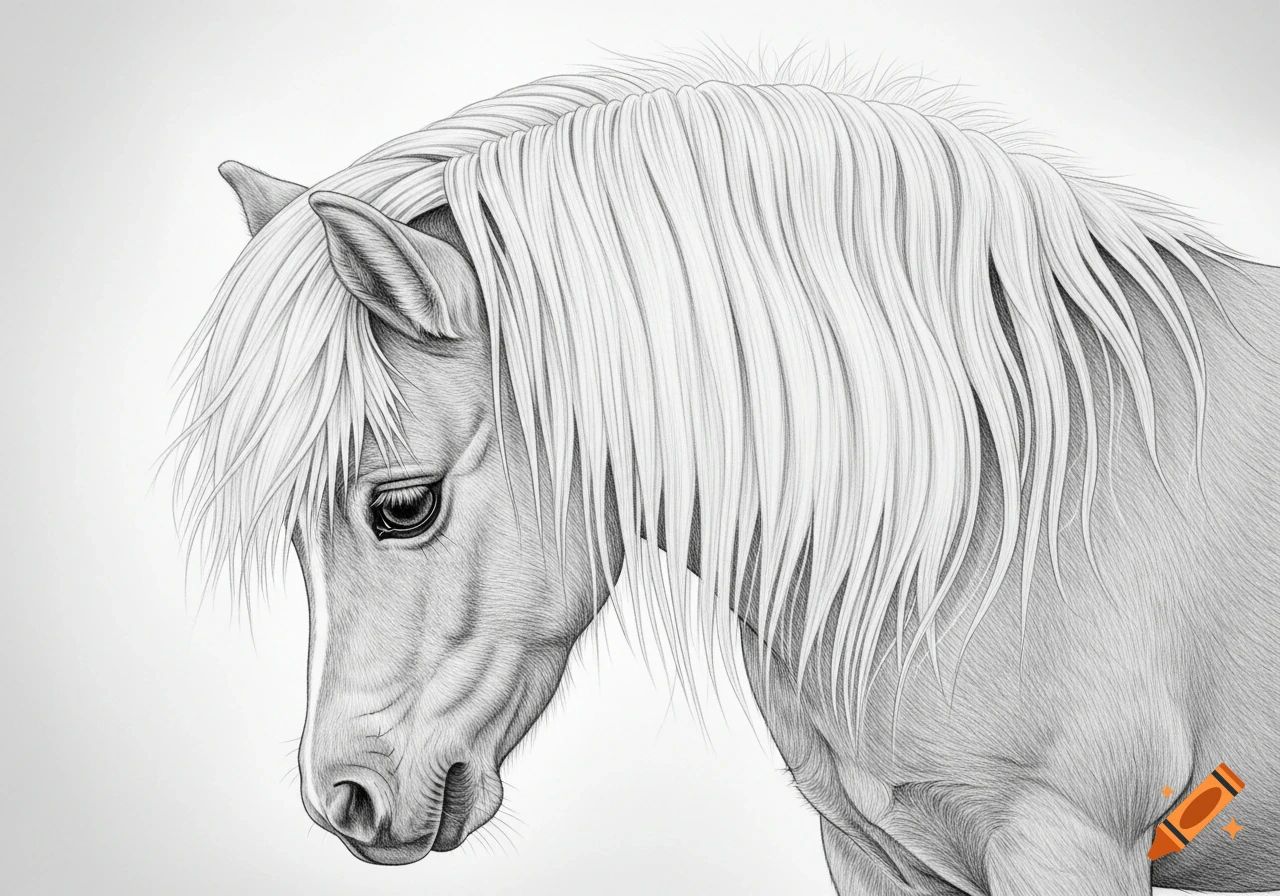 Black and white pencil drawing of a pony's head in side view, looking down, with a flowing mane.