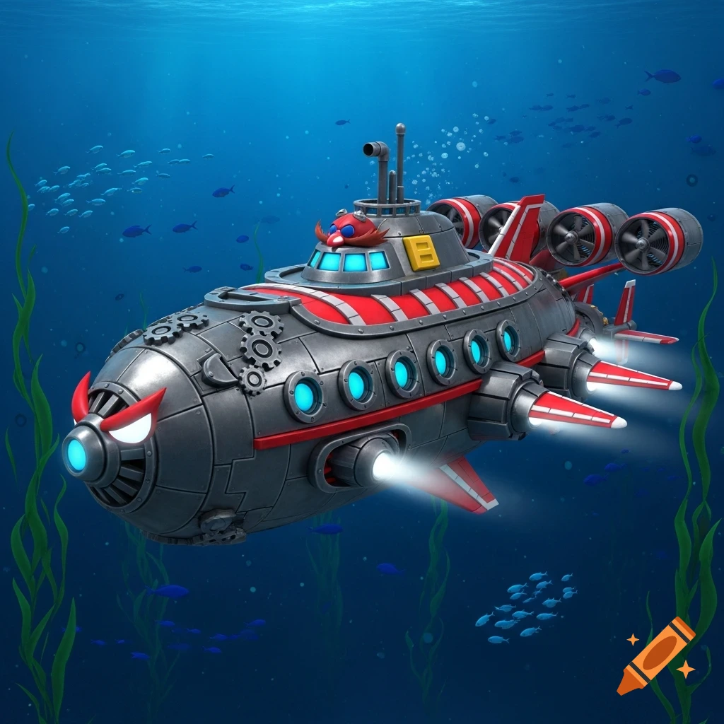 A cartoonish Dr. Eggman inspired gray and red submarine with glowing blue lights, swimming underwater among fish and seaweed.
