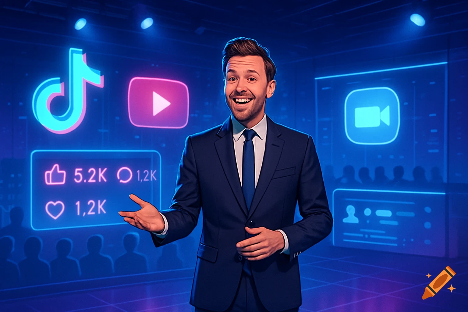 A man in a suit presents in a glowing blue digital setting surrounded by social media logos for TikTok, YouTube, and engagement metrics.