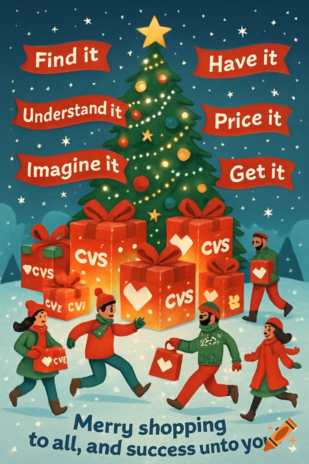 A festive illustration of people shopping around a decorated Christmas tree with red presents. Text includes Christmas greetings and shopping slogans.