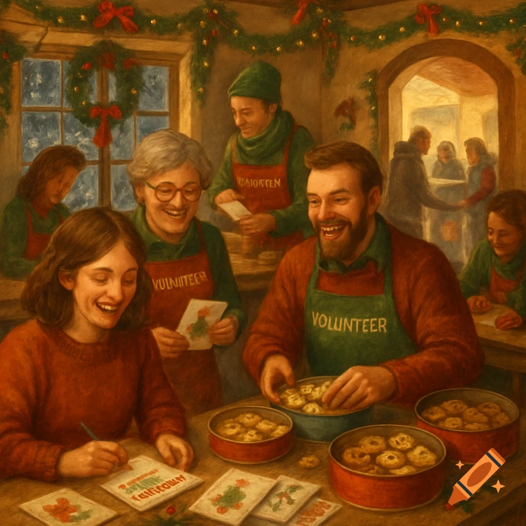 People joyfully volunteering in a festive, cozy room, making Christmas cards and baking cookies for charity.