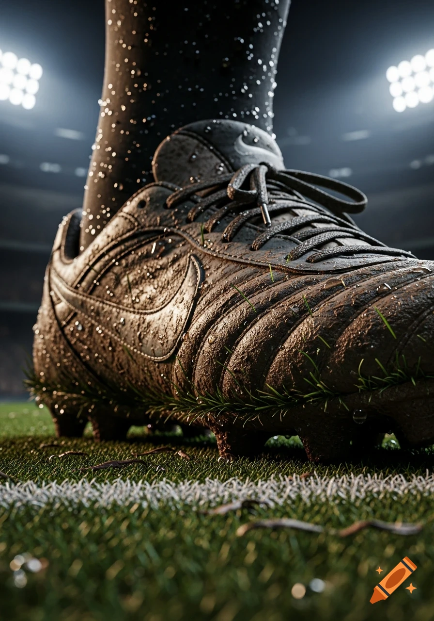 Close-up, low-angle shot of a muddy black soccer cleat with water droplets on a grassy field, under bright stadium lights. Photorealistic style.