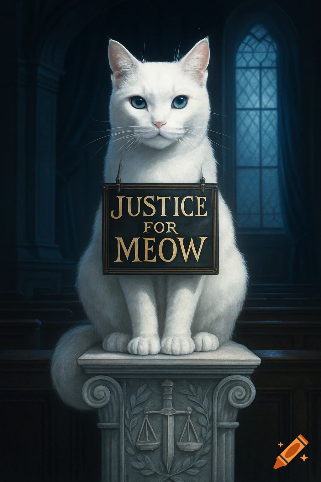A white cat with blue eyes holds a 'JUSTICE FOR MEOW' sign, sitting on a justice-themed pedestal in a dark, grand hall. Photorealistic.