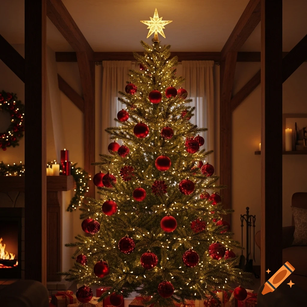 A festive Christmas tree adorned with red ornaments and a golden star, brightly lit in a cozy, warm room with a fireplace.