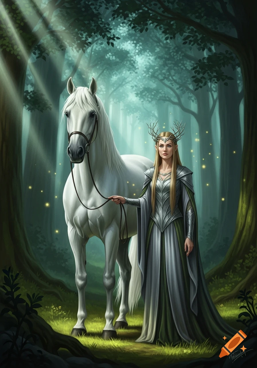 A regal elf queen in armor and a flowing gown stands beside a white horse in a mystical, sun-dappled forest.
