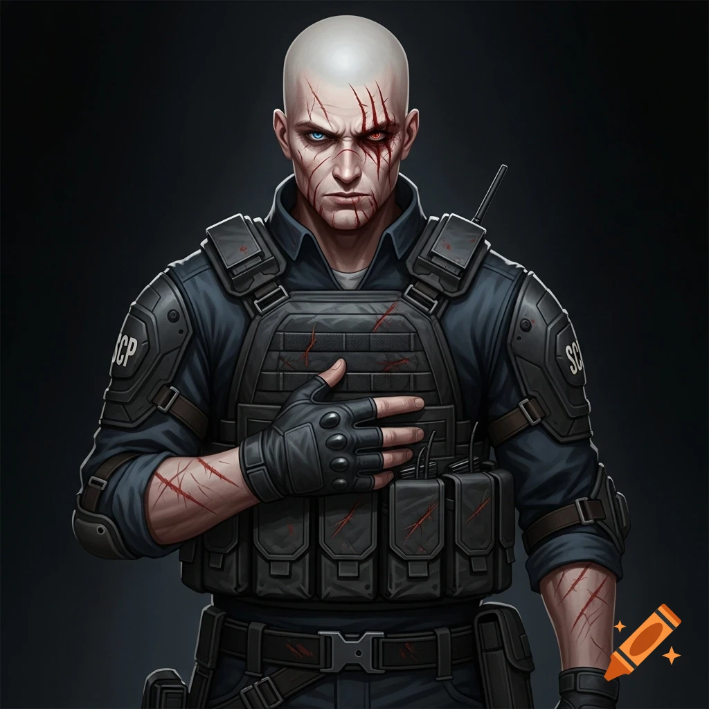 A bald man with severe facial and body scars, wearing dark tactical SCP gear, stands with one hand on his chest in a gritty comic art style.