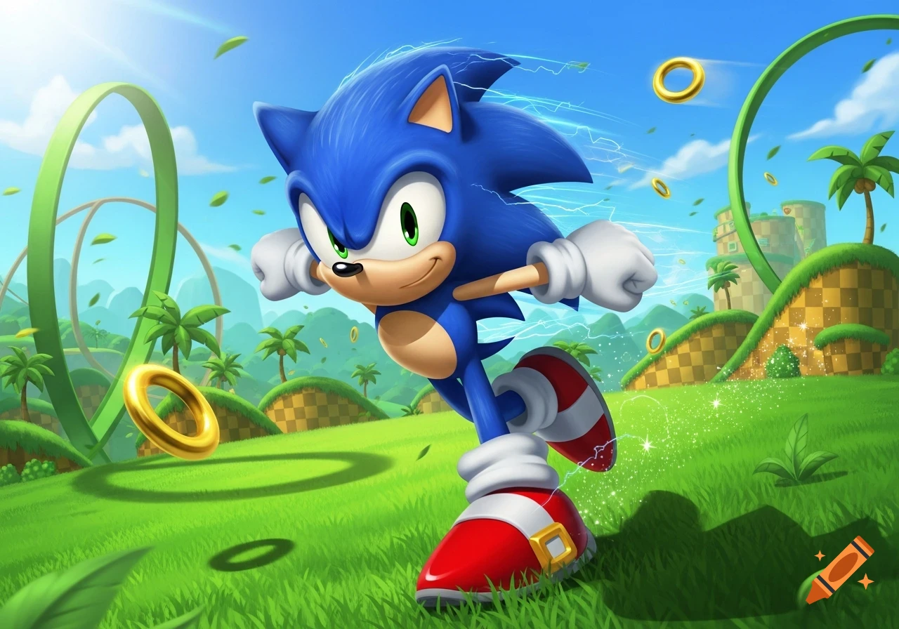Sonic the Hedgehog runs quickly through a vibrant green landscape with golden rings and large loops under a bright sky.