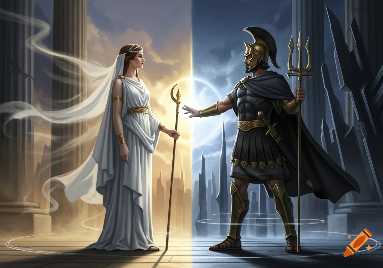 A robed woman with a staff faces an armored man with a trident, divided by light, depicting a mythological or allegorical scene.