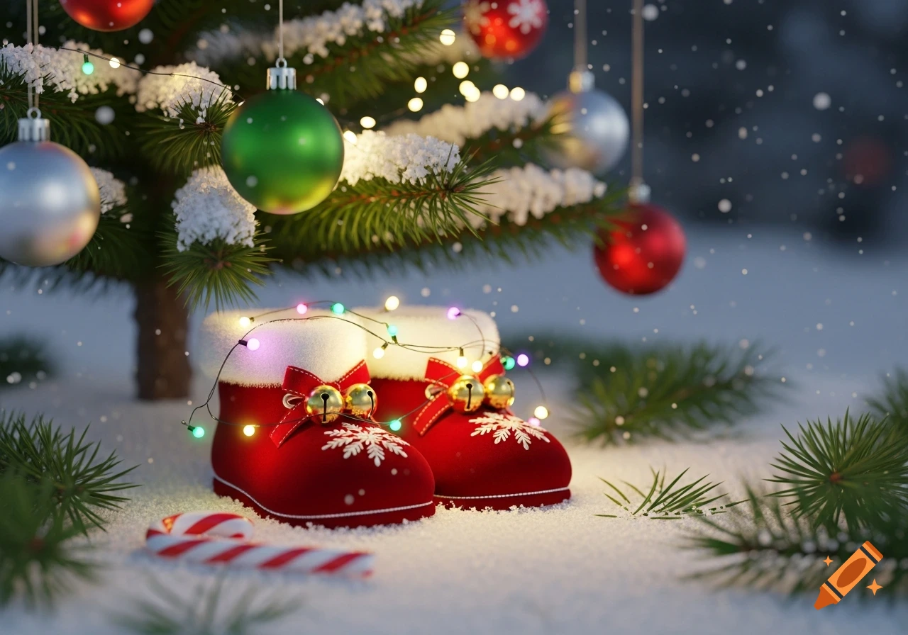 Red children's Christmas boots with bells and string lights on snowy ground next to a candy cane, with a decorated Christmas tree in the background.