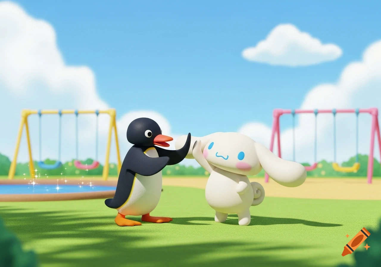 Pingu and Cinnamoroll high-fiving in a sunny park with playground swings in the background, 3D render.