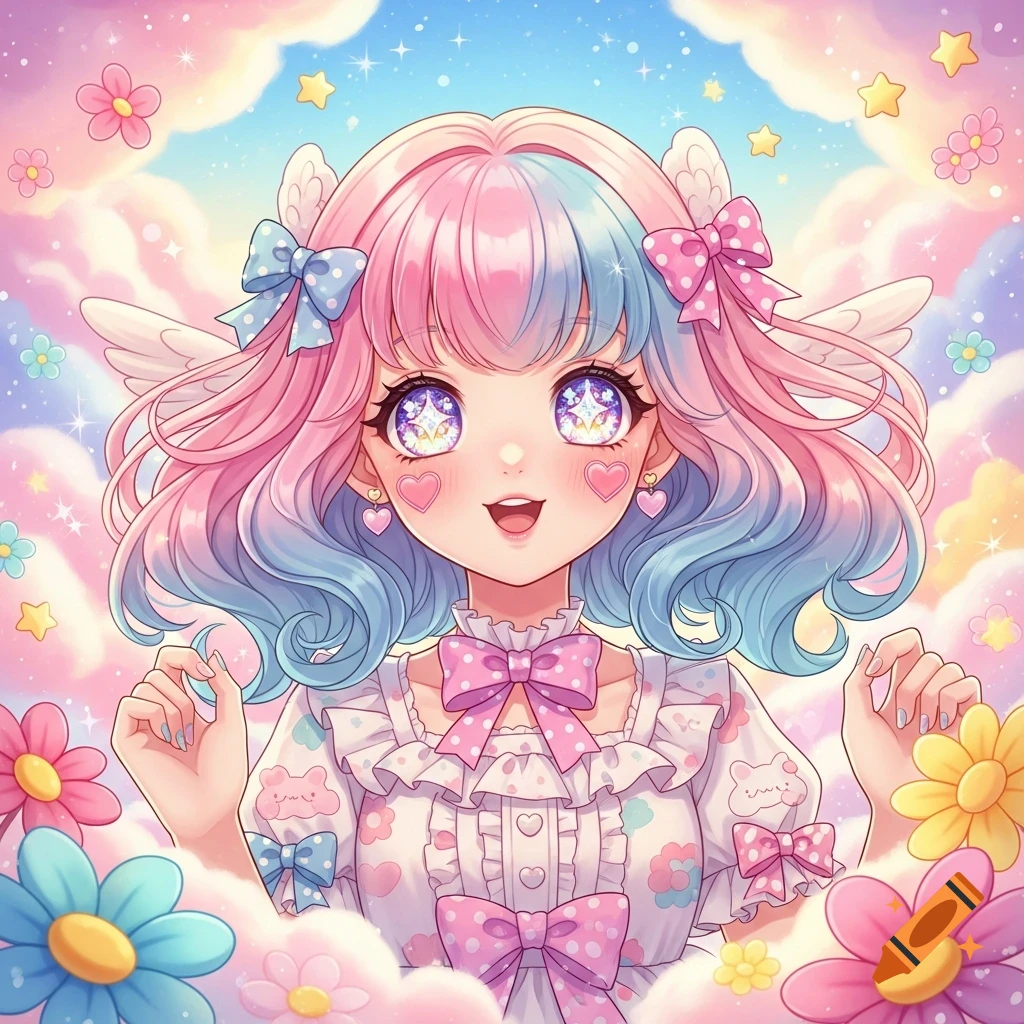 Kawaii anime girl with pink and blue hair, big sparkly eyes, and a ruffled dress, surrounded by pastel clouds, stars, and flowers.