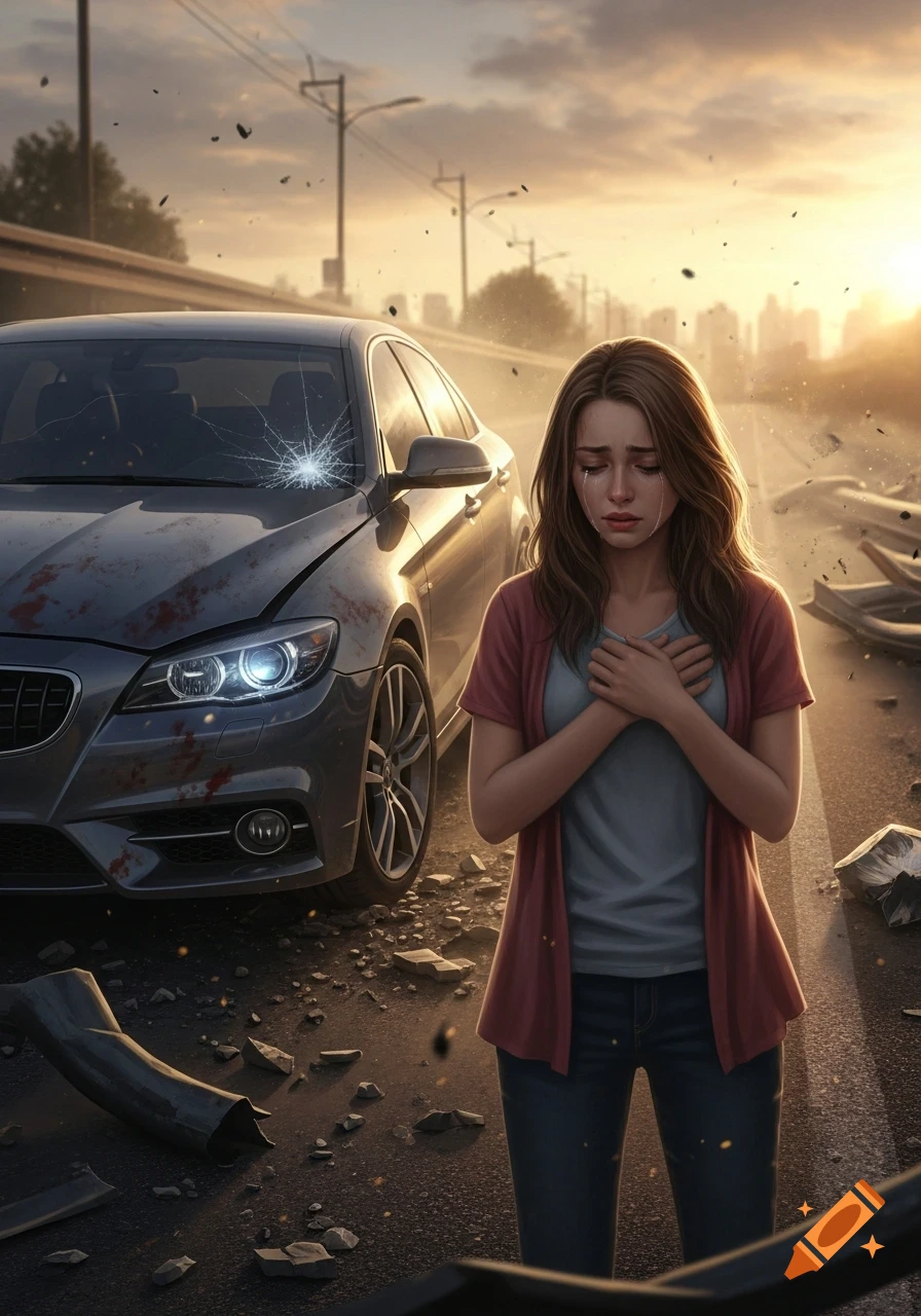 A sad woman cries, holding her chest, next to a crashed car with a shattered windshield on a road at sunset.
