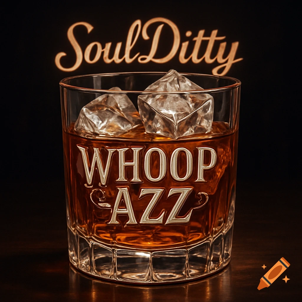 A photorealistic bourbon glass with ice, etched with 'WHOOP AZZ', with 'SoulDitty' glowing in the dark background.