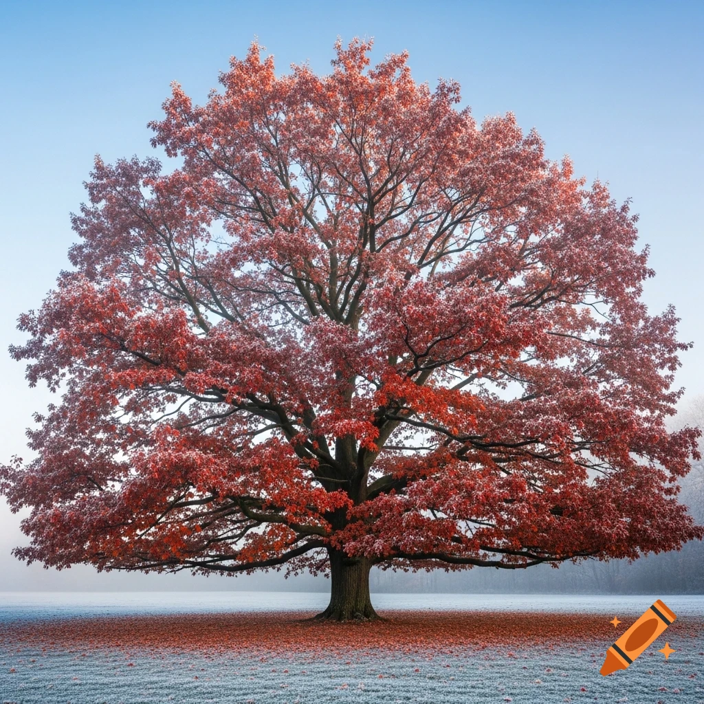 A large red oak tree with vibrant red leaves stands in a frosty field under a clear blue sky.