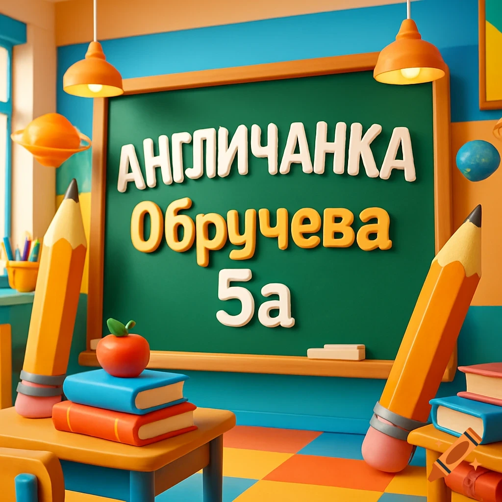 A colorful 3D cartoon classroom with a green blackboard displaying Russian text, flanked by giant pencils, with books and an apple on a desk.