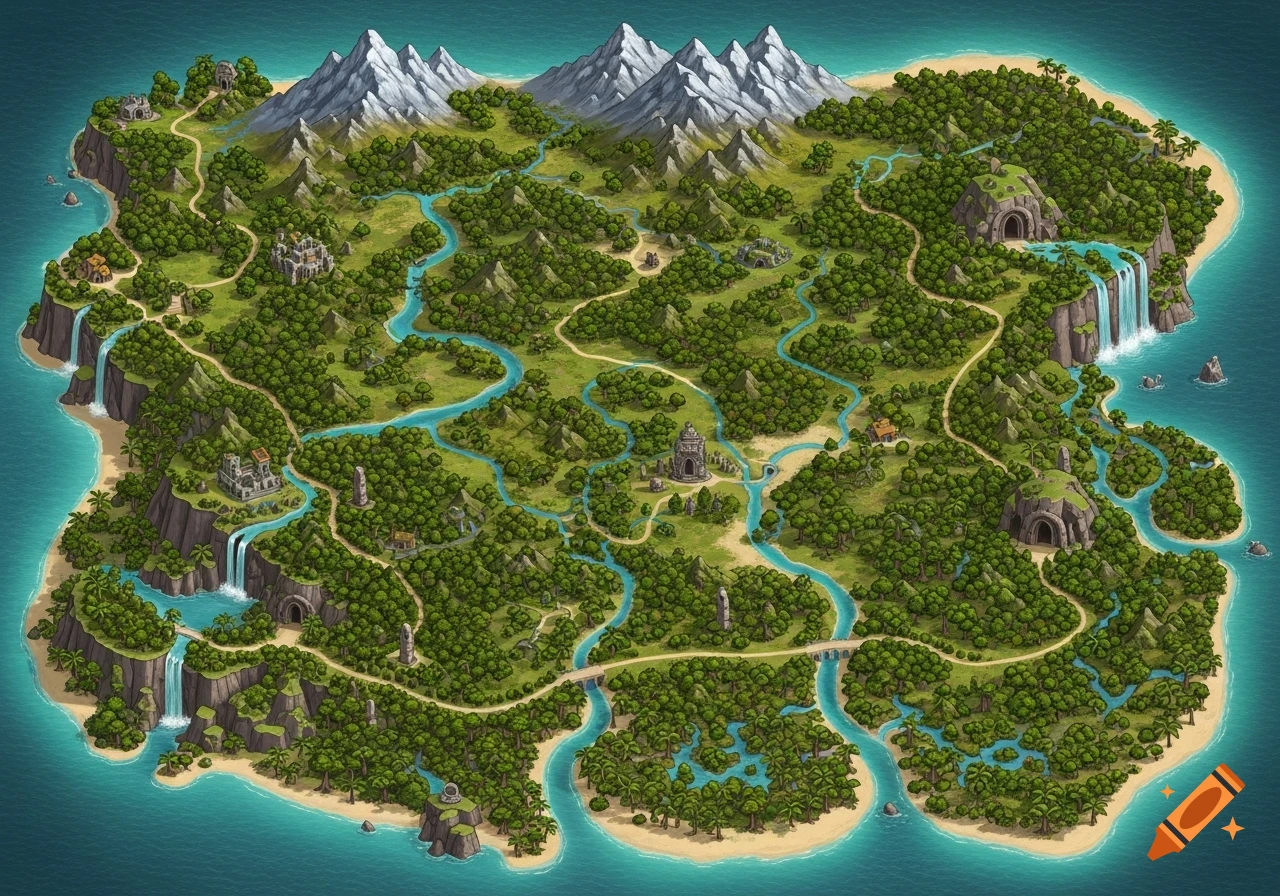 Isometric fantasy map of a jungle island with mountains, winding rivers, waterfalls, ancient ruins, and beaches.