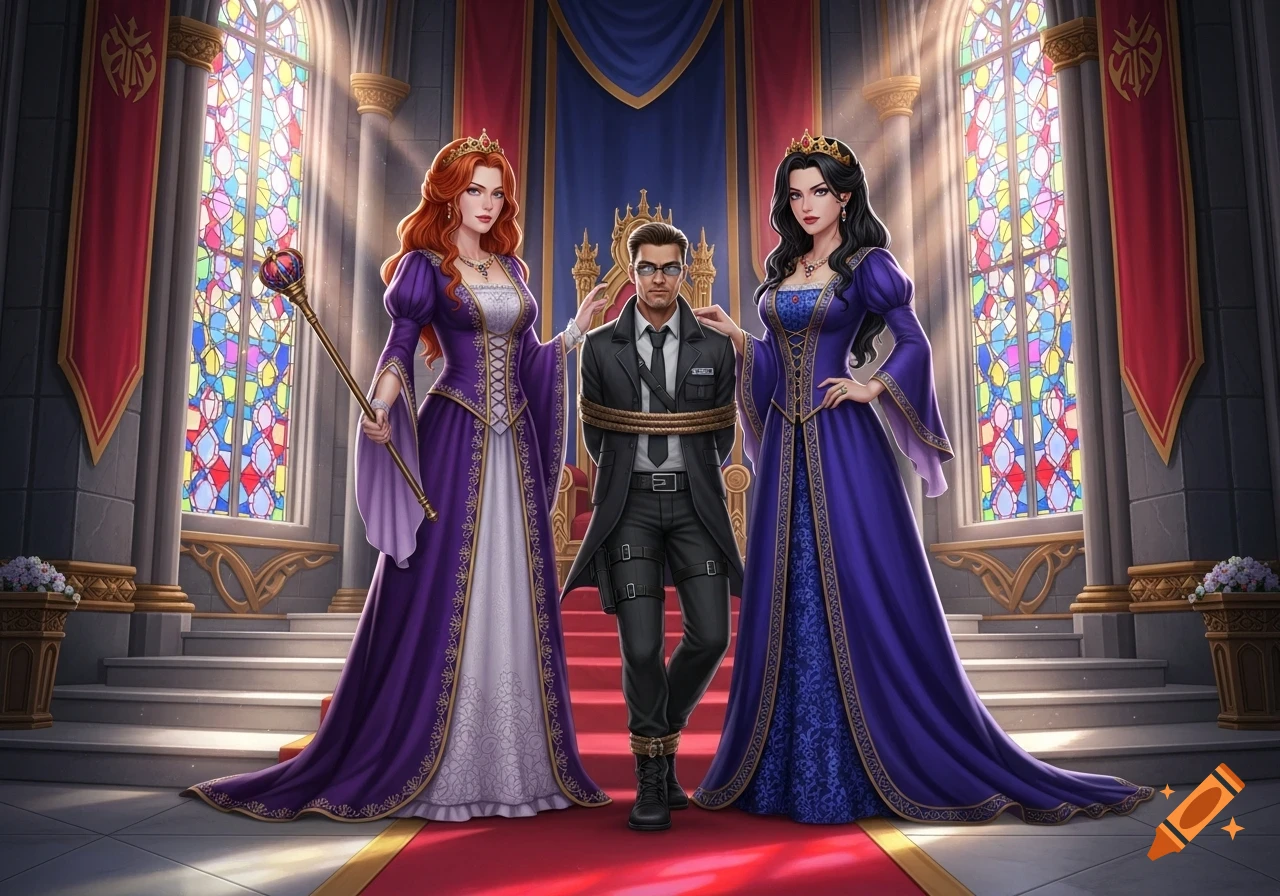Two princesses in regal purple gowns stand beside a tied-up secret agent in a grand castle hall with stained-glass windows.