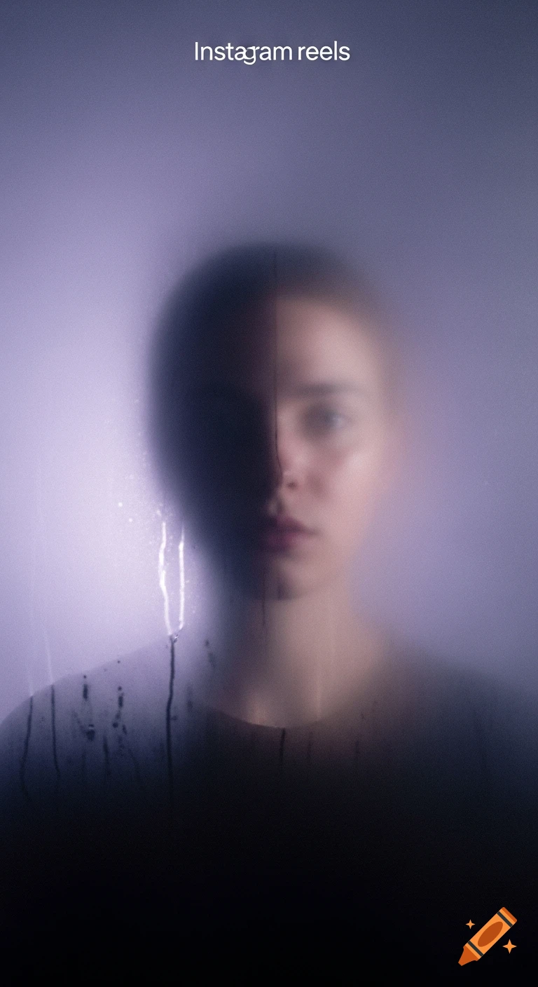 A conceptual portrait of a person's face, half illuminated and half in shadow, viewed through misty glass. Text 'Instagram reels' at the top.