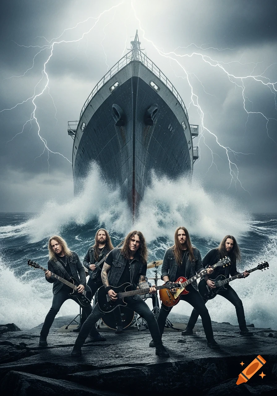 A heavy metal band stands on rocky ground with a large ship crashing through stormy waves behind them, under a lightning-filled sky.