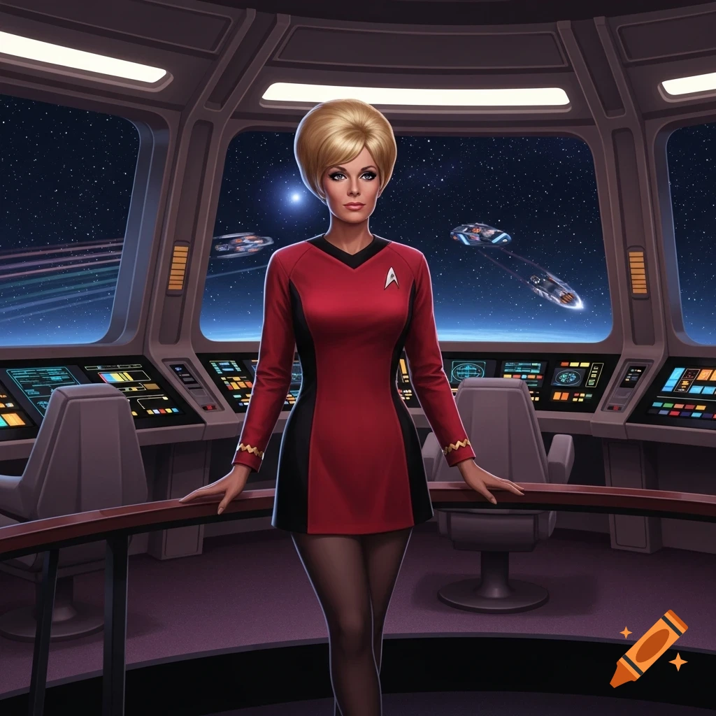 A woman resembling Yeoman Rand in a red Starfleet uniform stands on a starship bridge, with other ships in space.