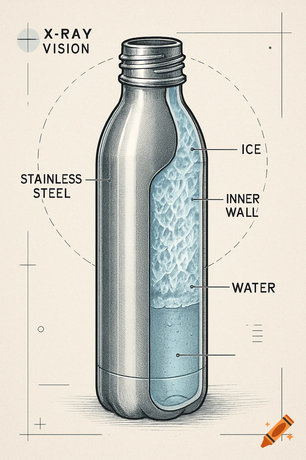X-ray diagram of a stainless steel bottle showing an inner wall, ice, and water, in a technical drawing style.