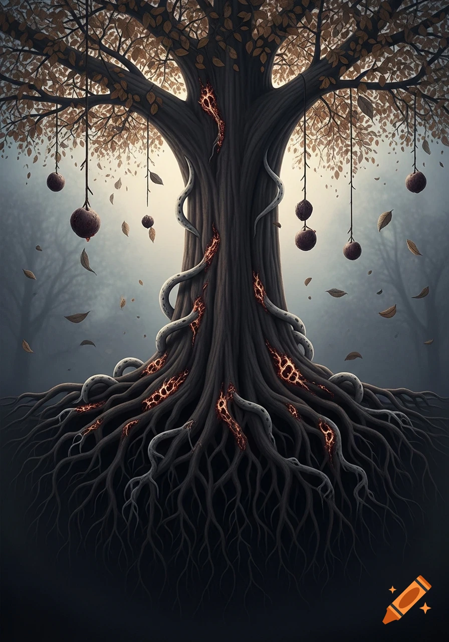 A dark, ancient tree with gnarled roots, glowing cracks in its trunk, and decaying fruits hanging from branches in a misty forest.