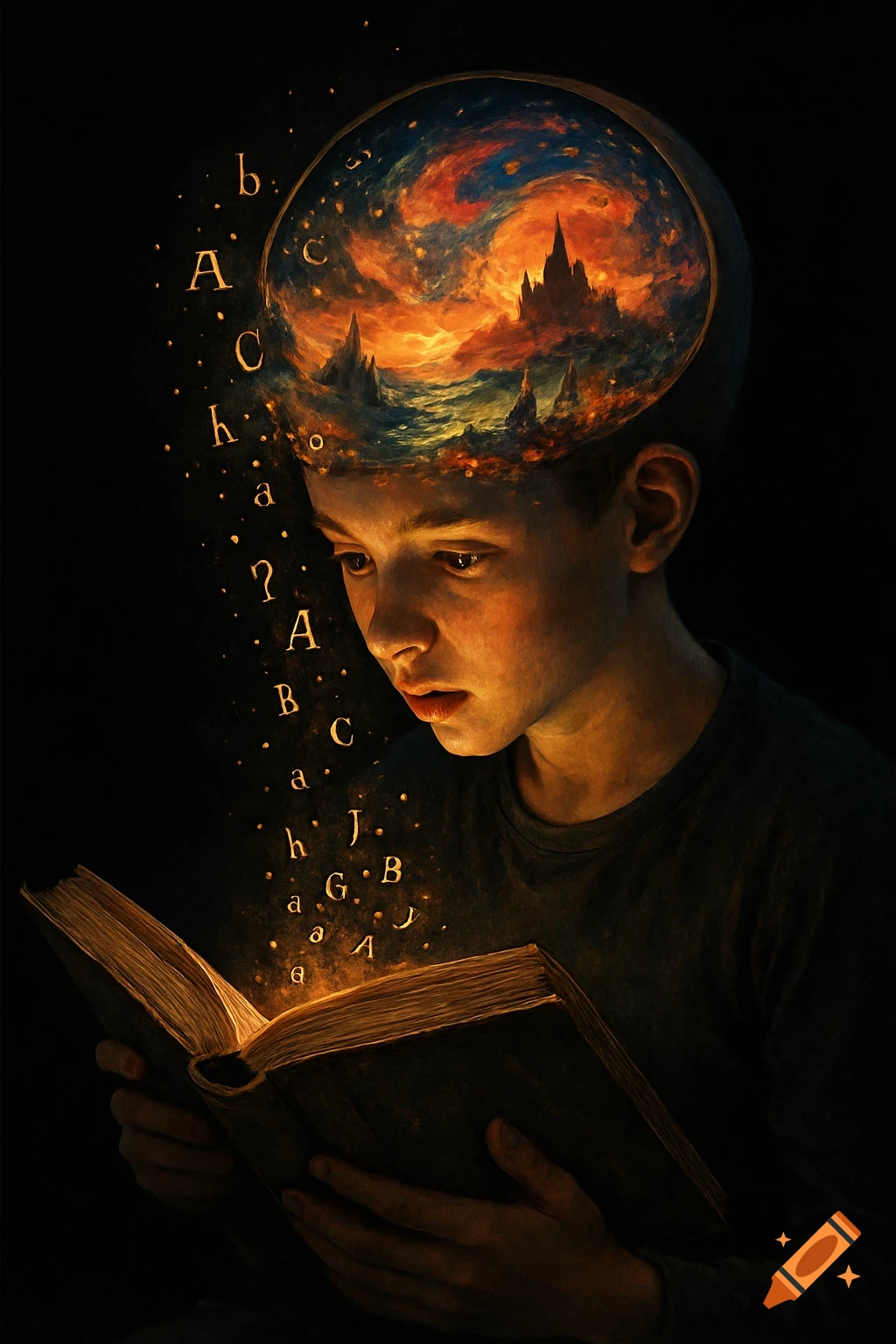 A boy reads a glowing book in the dark, with a vibrant fantasy landscape and floating letters emerging from his mind.