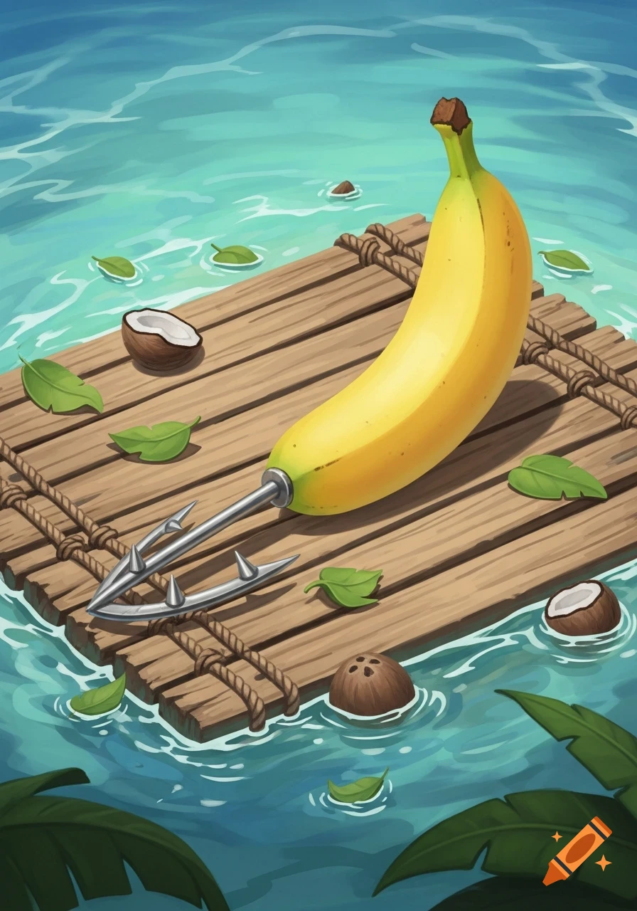 A whimsical, painterly illustration of a banana-shaped harpoon on a wooden raft with coconuts and leaves in tropical blue water.