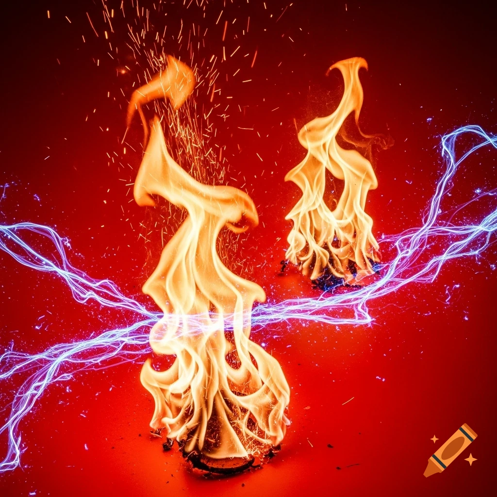 Two dramatic pillars of orange-red fire with electric blue lightning and sparks against a vibrant red background.