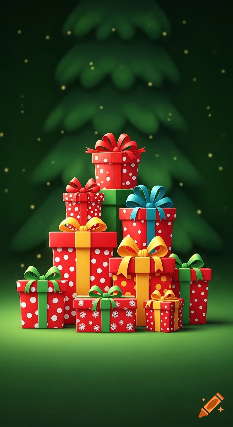 A stack of cute, cartoon Christmas presents in red polka dots and snowflakes, with colorful ribbons, against a blurry green tree.