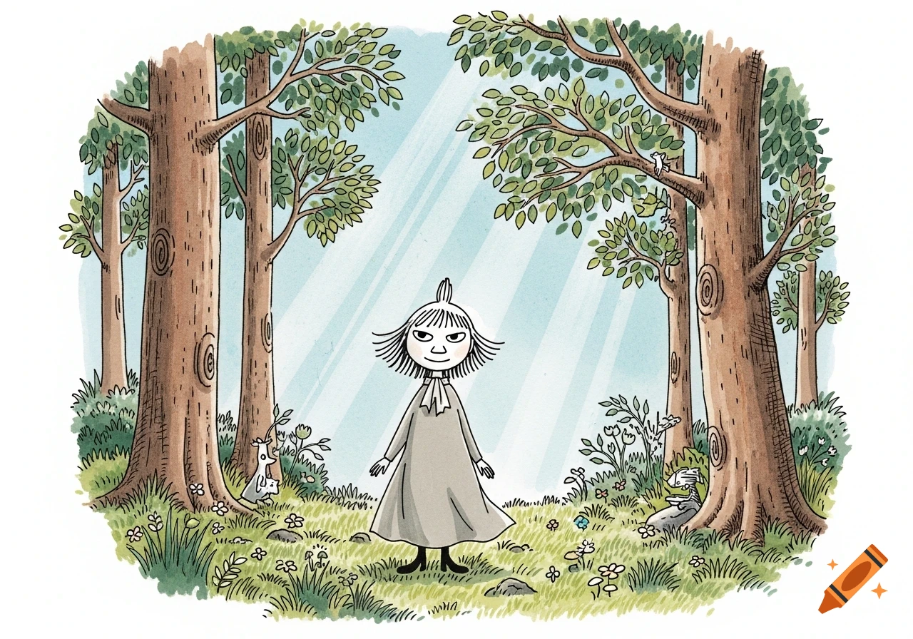Moomin-style illustration of a character with a topknot in a grey dress, standing in a sunlit forest clearing.