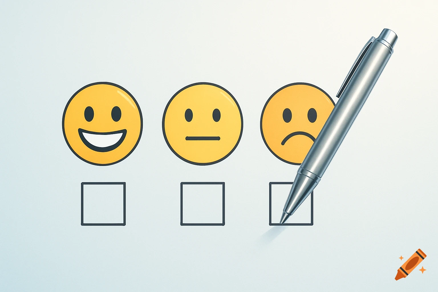 A silver pen checks the sad face option on a feedback form with happy, neutral, and sad emoticons and checkboxes.