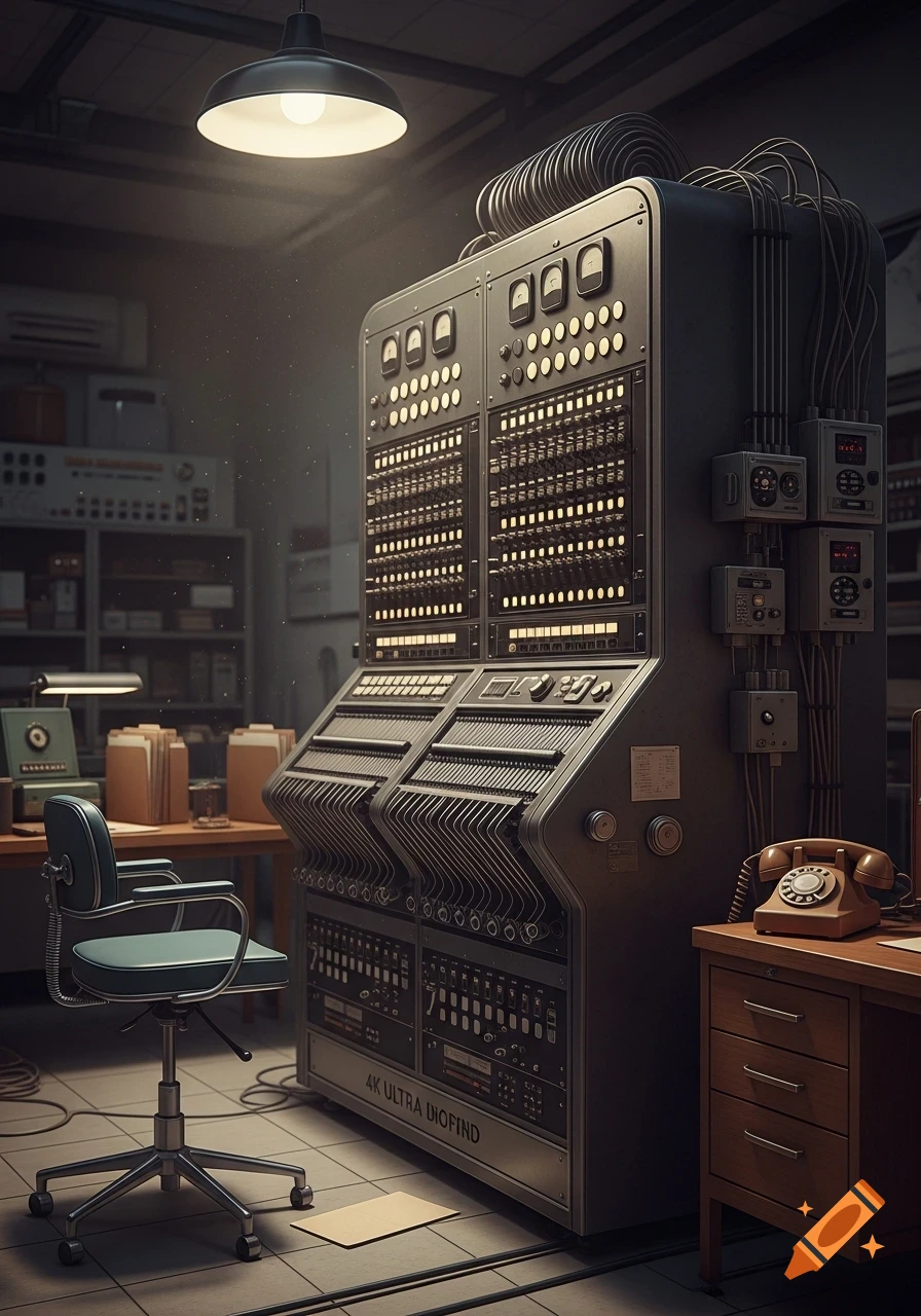 A detailed, realistic, retro-futuristic punch card computer with lights, switches, and wires in a dimly lit room.