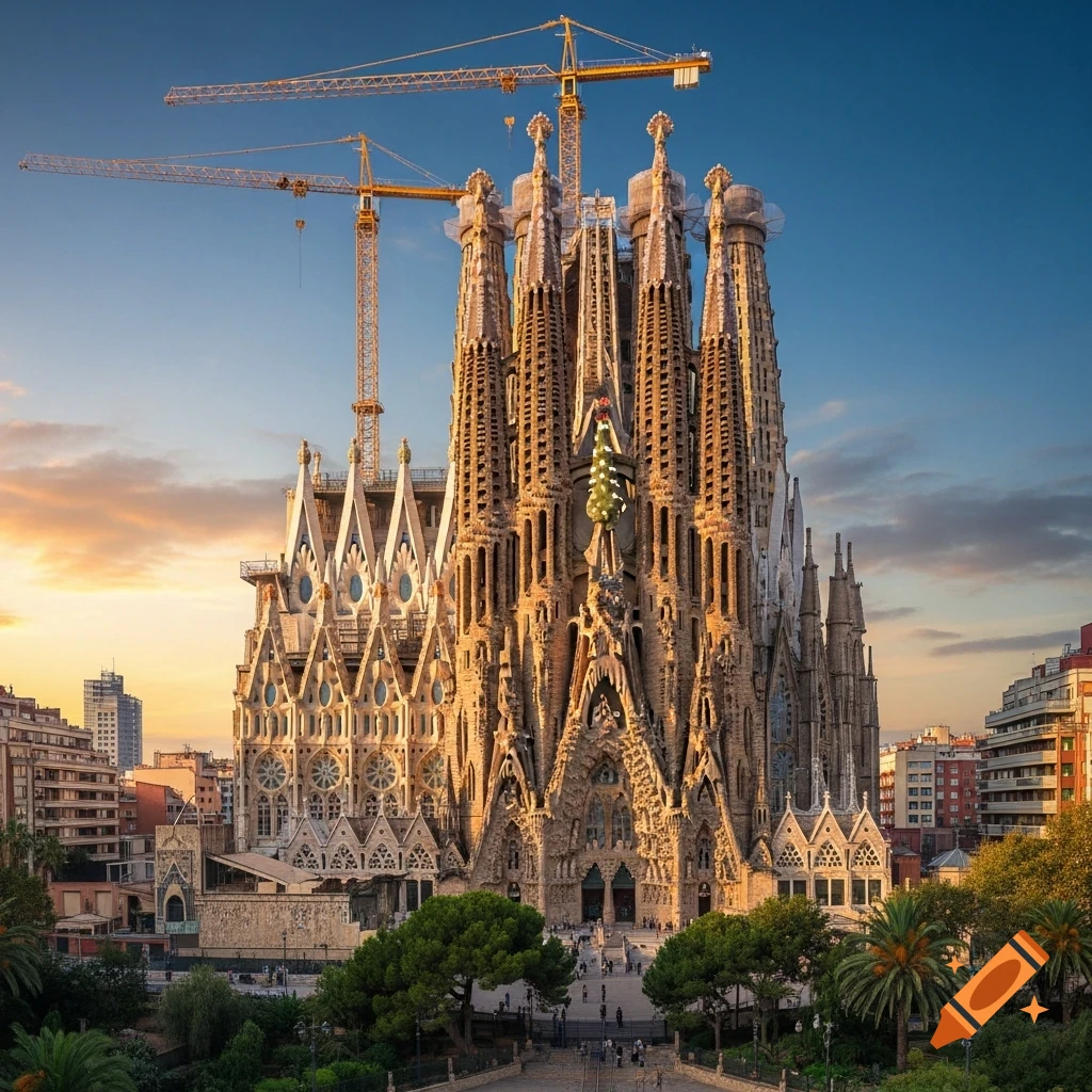 Photorealistic view of La Sagrada Familia Cathedral in Barcelona with construction cranes against a sunset sky.