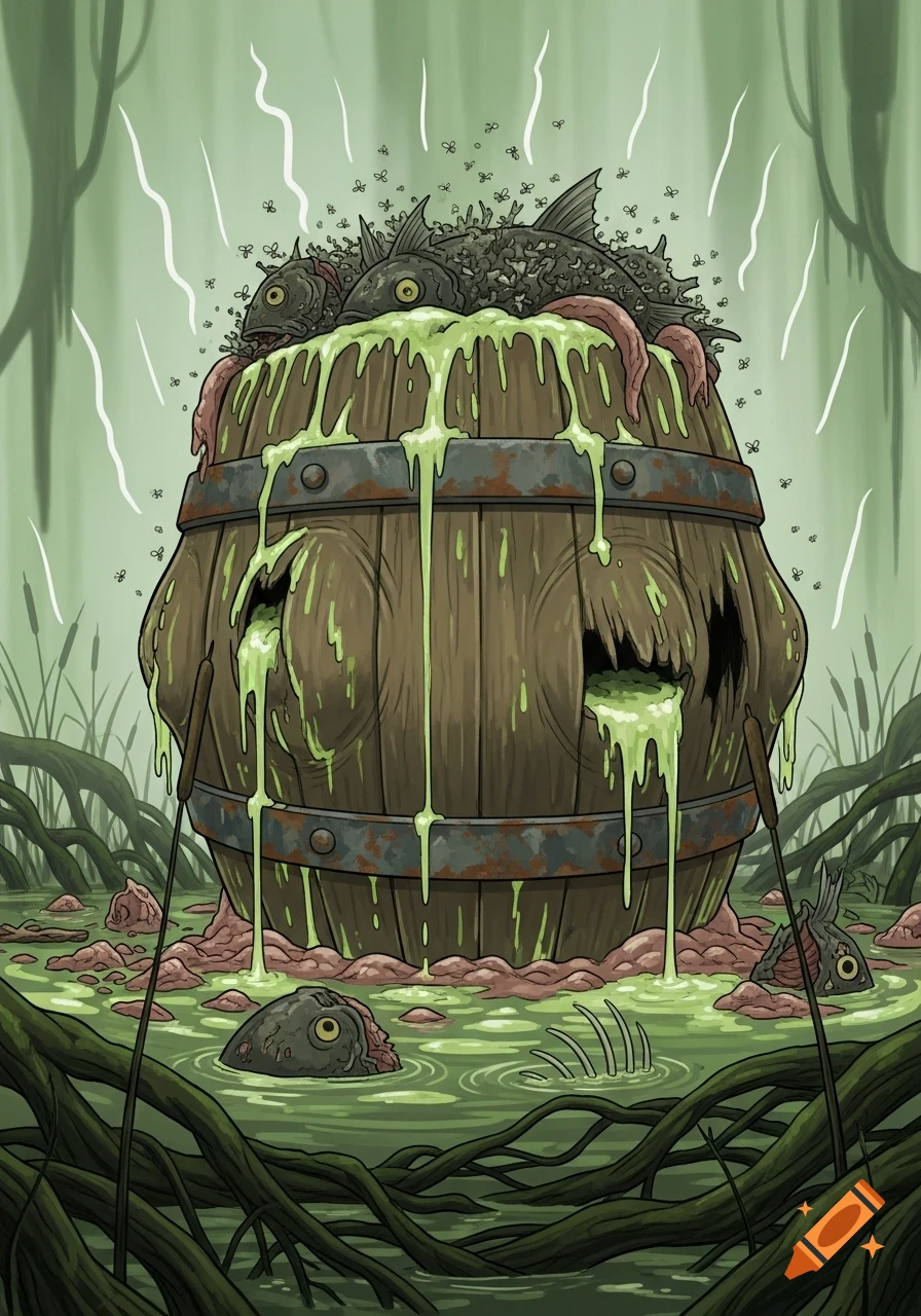 Stylized image of a grotesque wooden barrel overflowing with rotting fish, slime, and flies in a murky swamp.