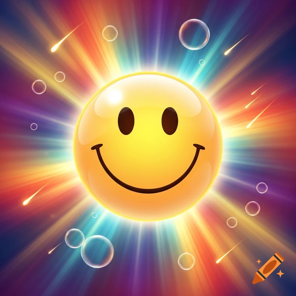 A shiny yellow smiley face radiates bright rainbow colors and light rays, surrounded by bubbles and meteors on a dark background.