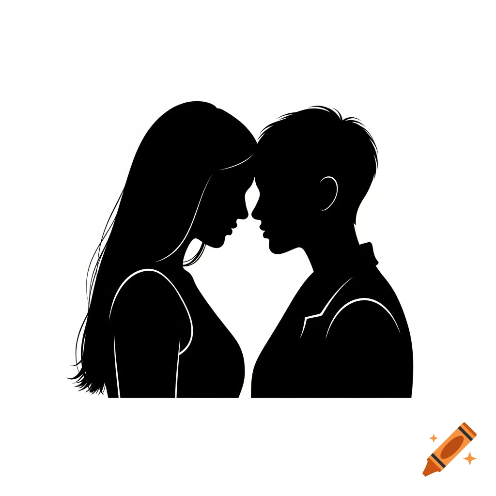 Black silhouettes of two women, one with long hair and one with short hair, touching foreheads against a white background.