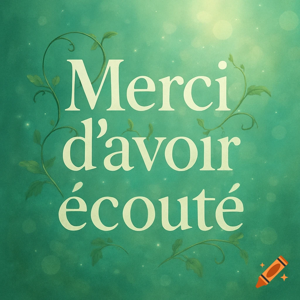 White French text 'Merci d'avoir écouté' on a teal green background with decorative green vines and bokeh lights.