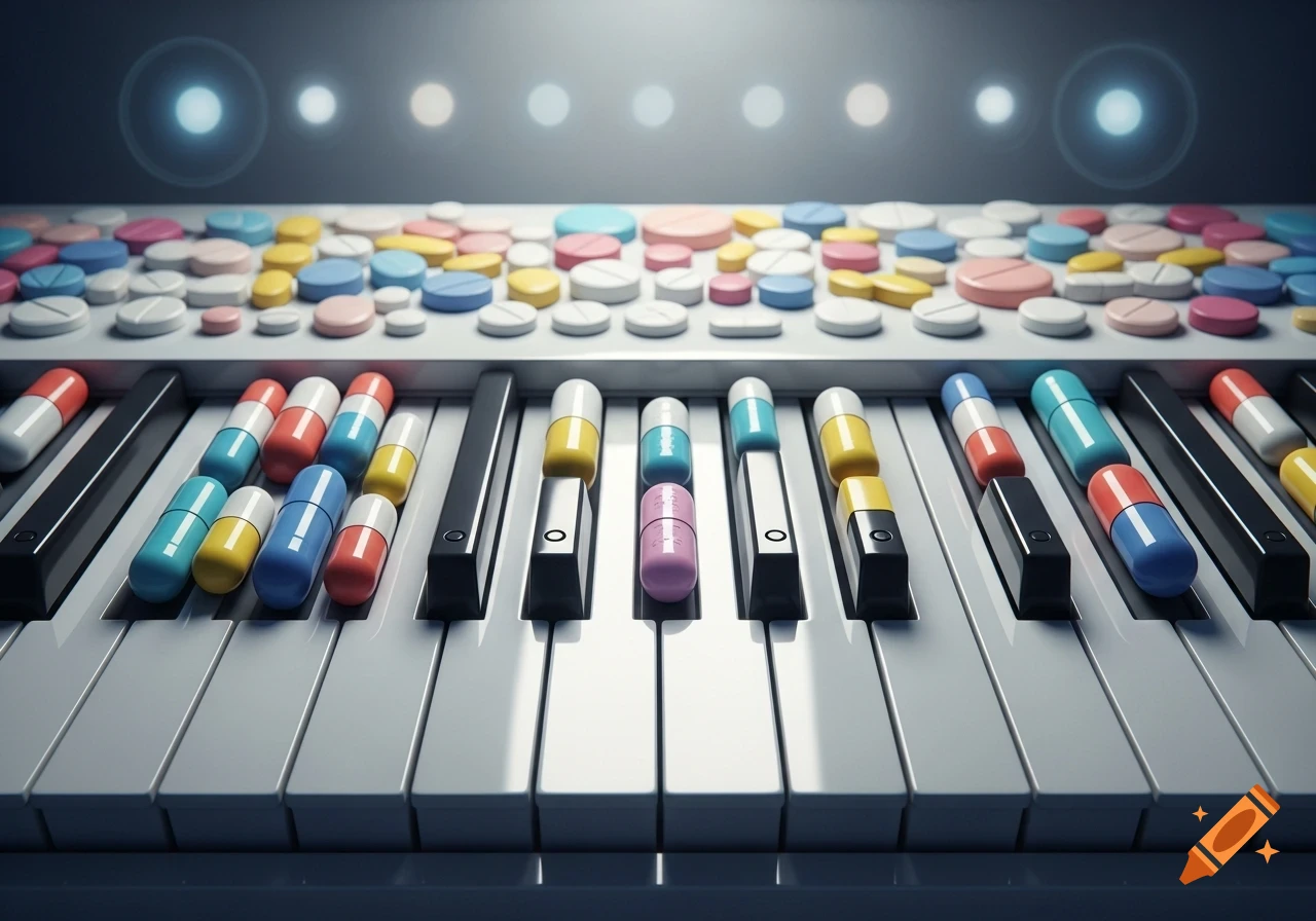 Photorealistic image of a music keyboard with white and black keys covered in various colorful medical pills and capsules.