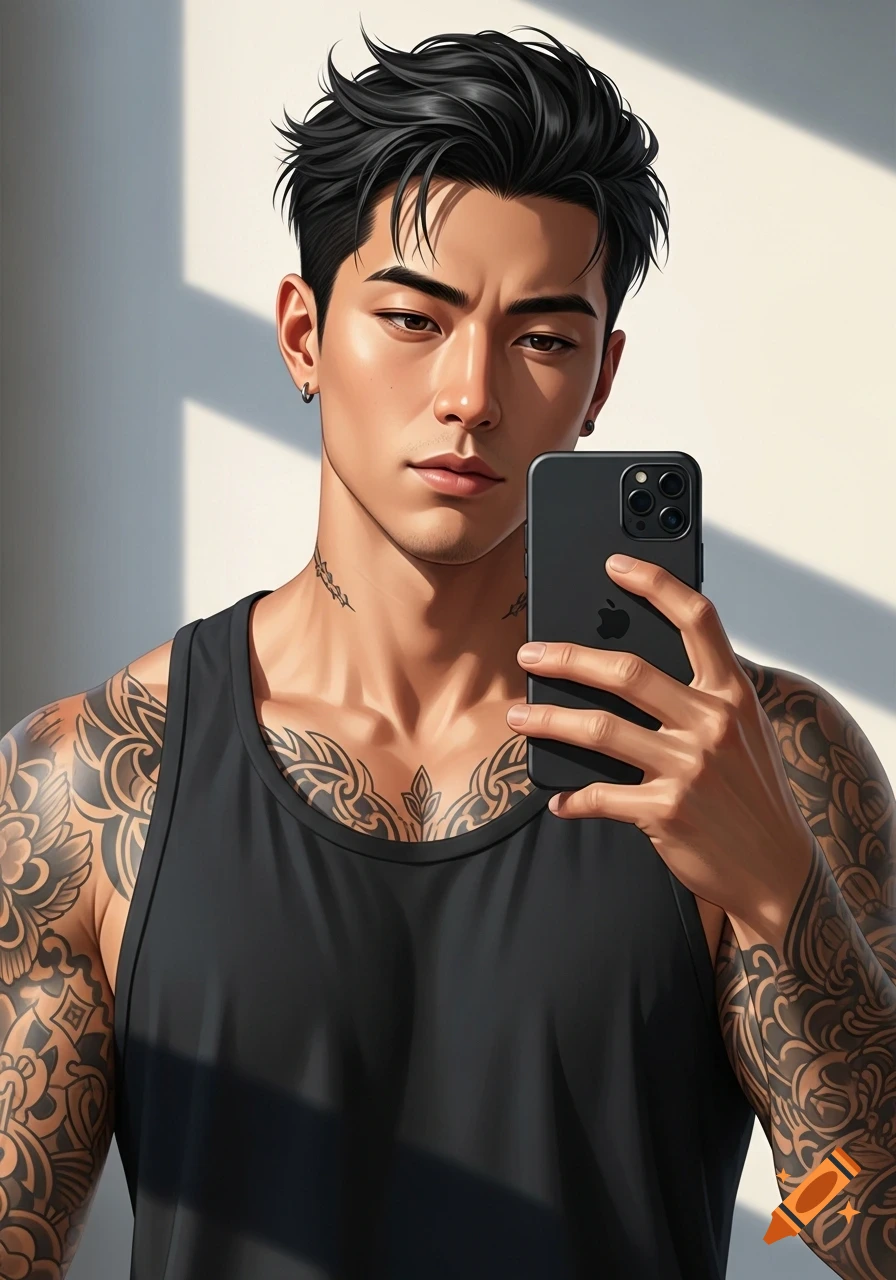 A hyper-realistic portrait of a muscular Asian man with tattoo sleeves taking a selfie in a black tank top.