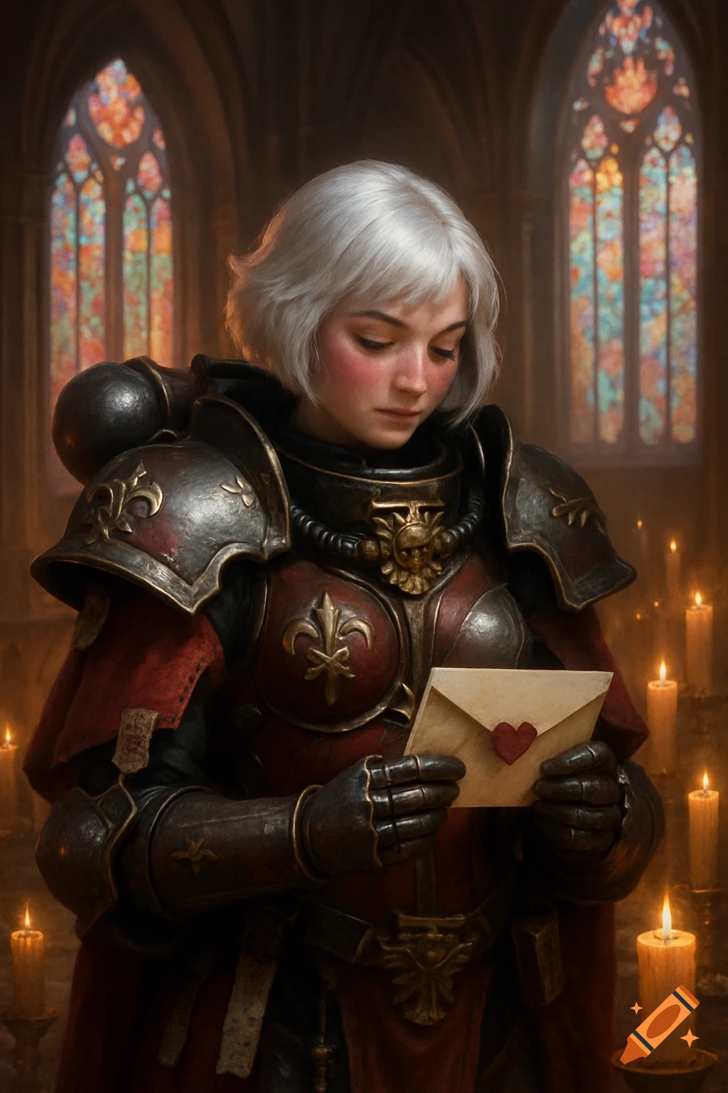 A sister of battle in dark red and black armor, with white hair, blushes while looking at a love letter with a red heart, surrounded by lit candles and stained-glass windows.