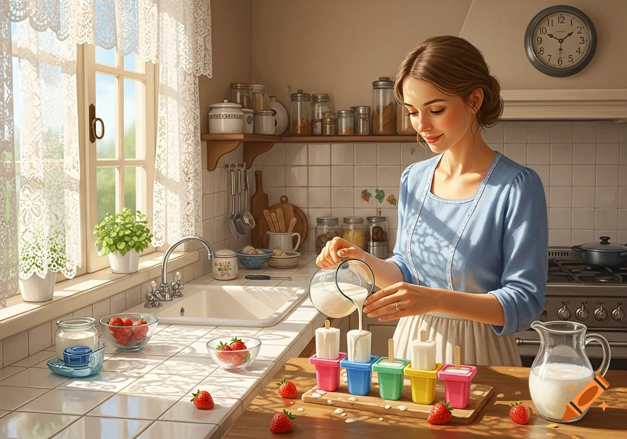 A woman in a bright, sunny kitchen pours milk into popsicle molds, with strawberries on the counter. Photorealistic style.